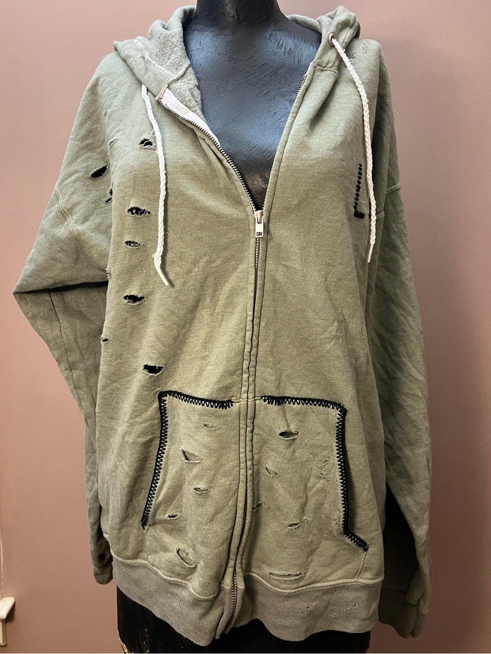 NWT Free People x TRICIA FIX Reworked Vintage LA Distressed Green Hoodie Size M